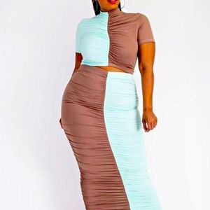 Mint Colored Blocked Top & Skirt Set